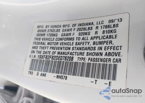 2013 Honda Civic Ex from USA, damaged, VIN 19XFB2F82DE078208
